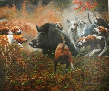 動物 Painting - イノシシ動物を攻撃する猟犬